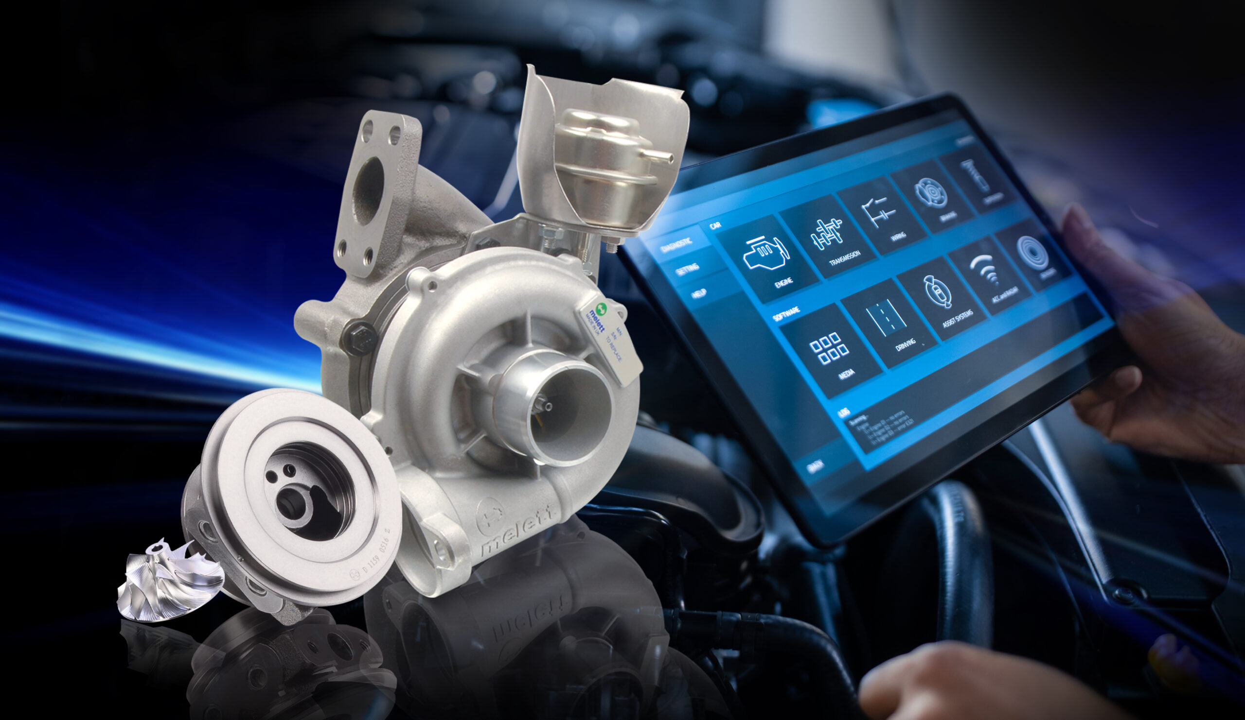 Blurred light trails on a dark road representing high speed and modern technology